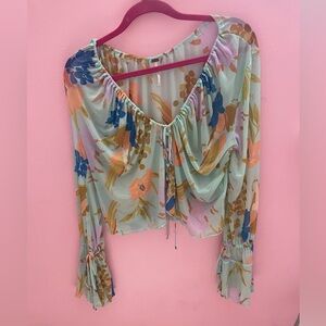 Free People Paradise Floral Print Tie Button Front Top